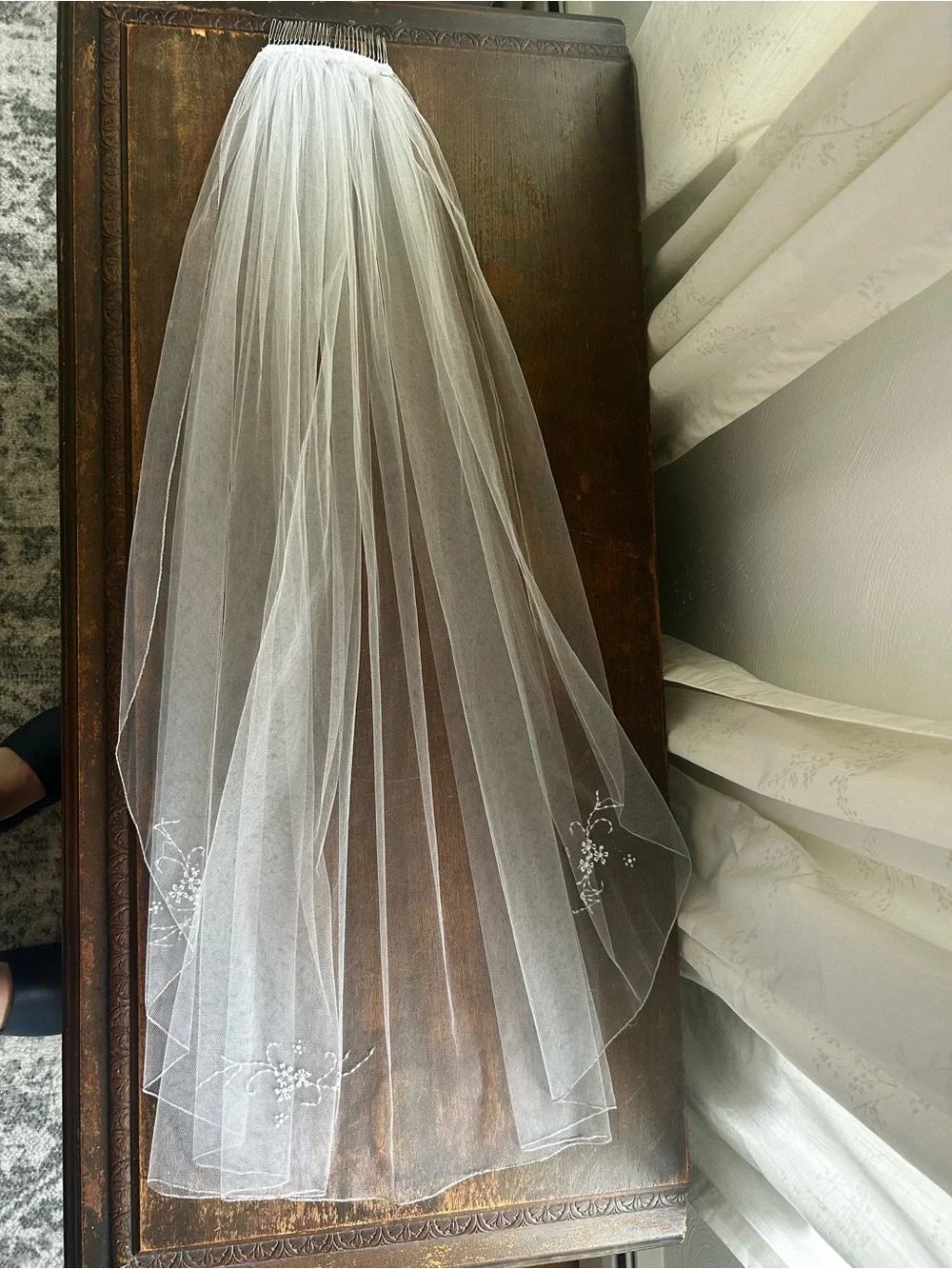 Sheer White Two-Tier Bridal Veil with Floral Embroidery and silver edge